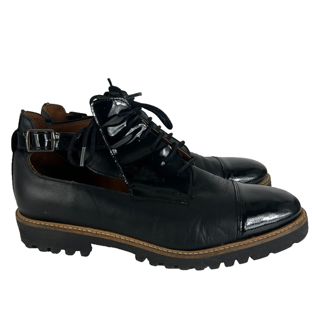 Unbranded Shoe Womens 8 Black Leather Lace Up Cap Toe Lined Ankle Strap Buckle